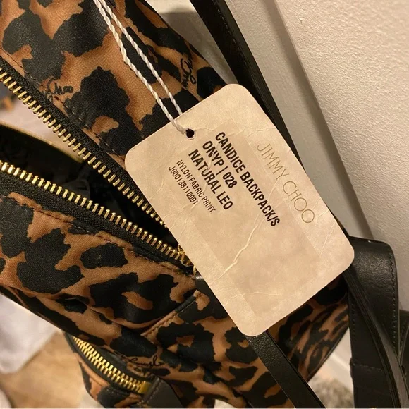 JIMMY CHOO Candice Onyp Natural Leo Nylon Leather Backpack NWT